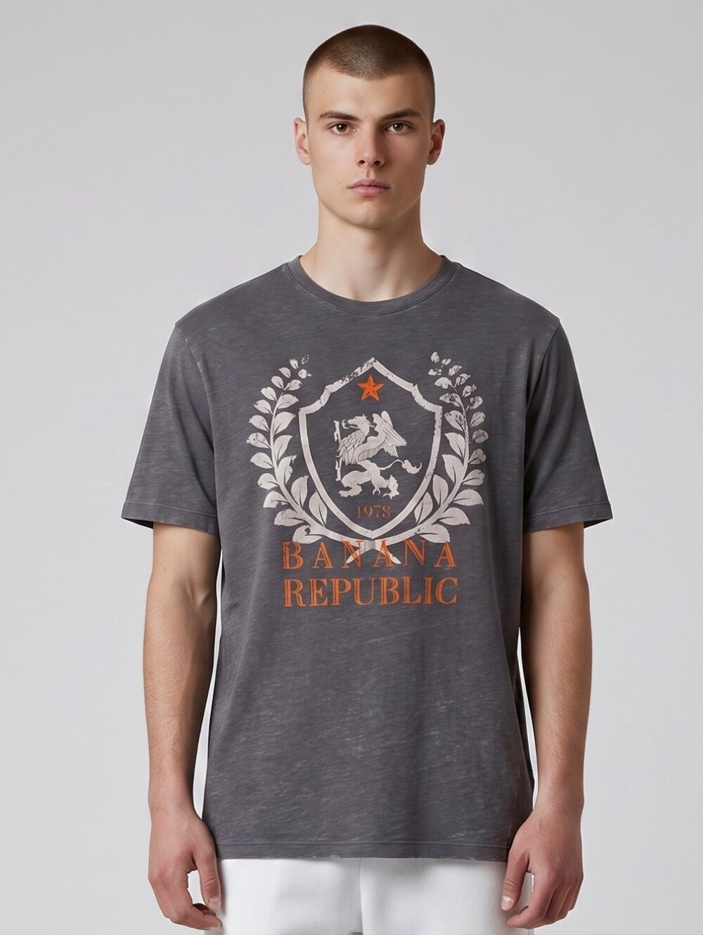 Banana Republic Gray Tee with Orange & White Crest Graphic
